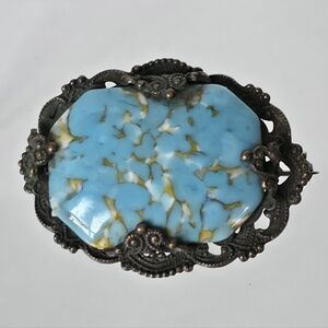 Vintage Blue Marbled Stone Brooch with Ornate Antiqued Silver Tone Frame